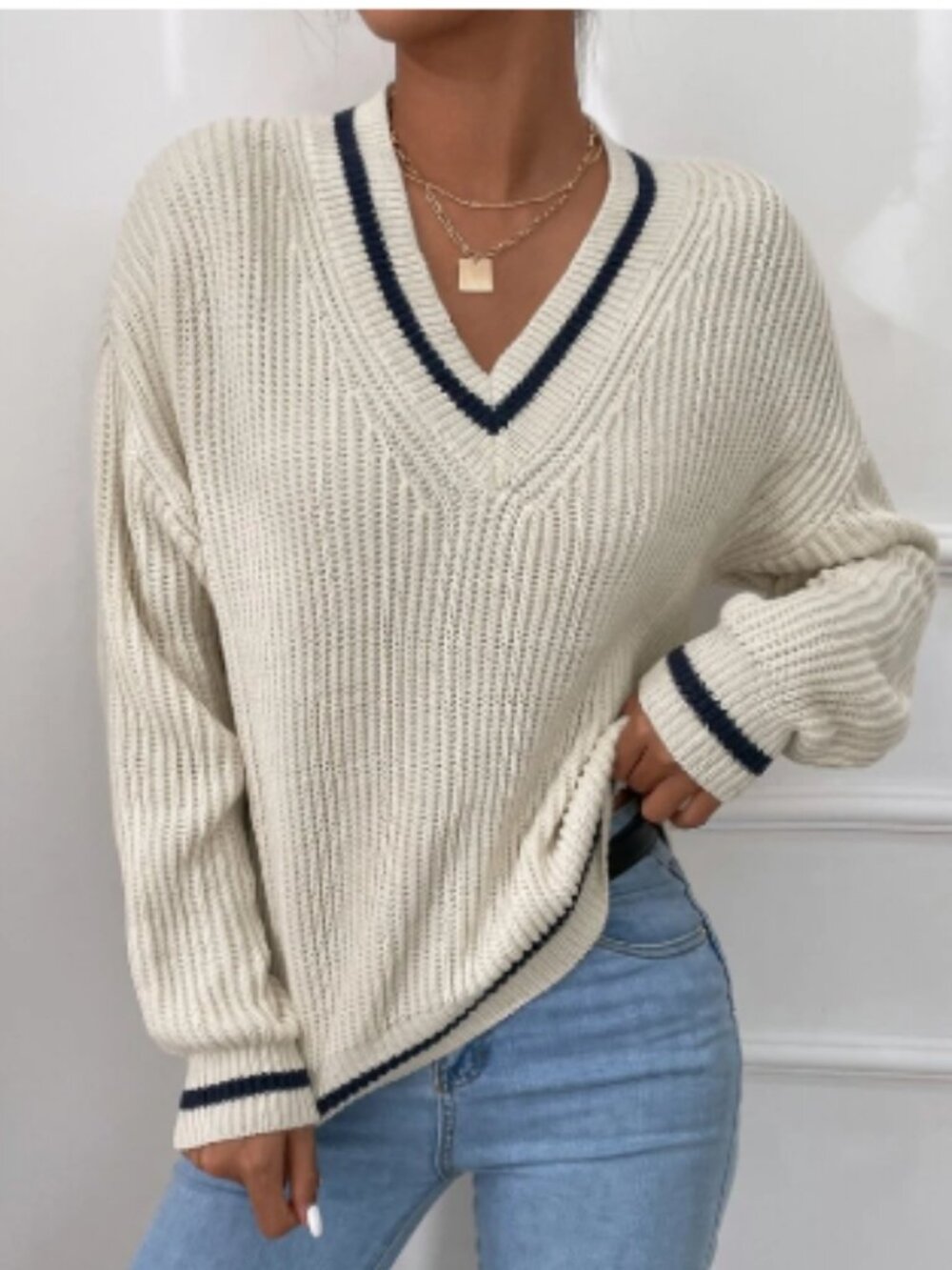 SHEIN Frenchy Cream Striped V-Neck Cricket Sweater